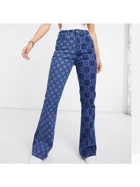 Jaded Women's Blue Floral Colorblock Skinny Flared Bootcut Denim Jeans Size 26